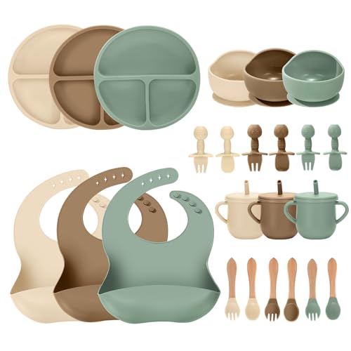 24-Piece Silicone Baby Feeding Set with Suction Plates and Bibs
