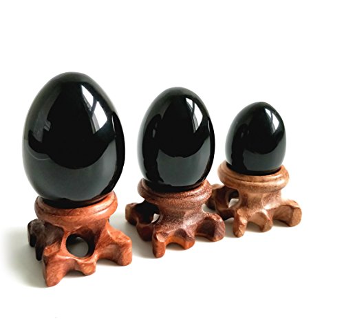 Black Obsidian Crystal Egg Set with Wooden Stands, 3-Piece Collection