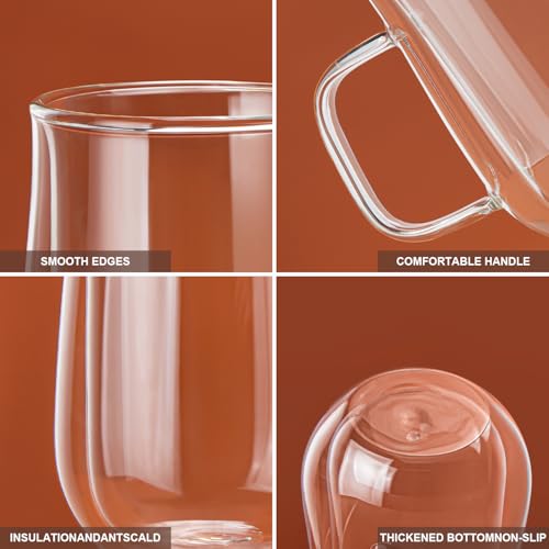 COMOME 16 oz Double Walled Borosilicate Glass Coffee Mugs Set of 2 with Spoons - Insulated Hot Beverage Cups