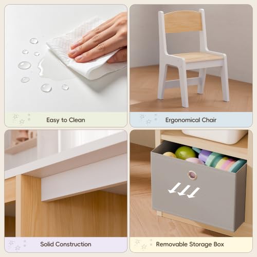 Kids Double Study Desk and Chair Set with Storage Shelves and Fabric Bins