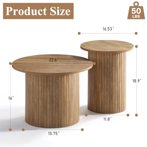 Nesting Coffee Table Set of 2, Mid-Century Modern Round Wood Accent Tables