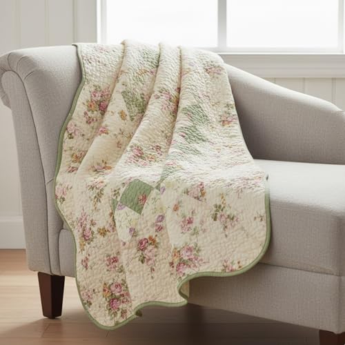 100% Cotton Patchwork Throw Quilt - Floral Design, 50 x 60 inches