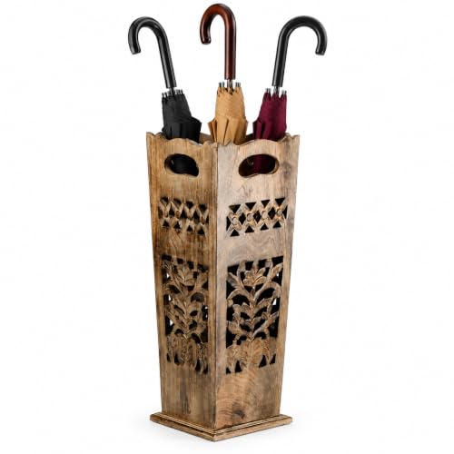 Hand-Carved Solid Wood Umbrella Stand & Walking Cane Holder