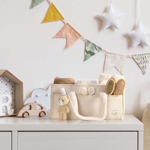 PeraBella Sherpa Baby Diaper Caddy Organizer with Handle & Teddy Bear