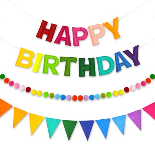 3D Rainbow Happy Birthday Banner Set, Pre-Strung Felt Party Decorations