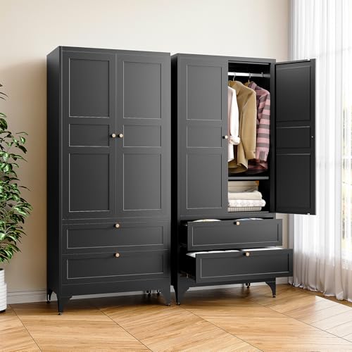 71-Inch Tall Metal Wardrobe Closet with 2 Drawers and Hanging Rod