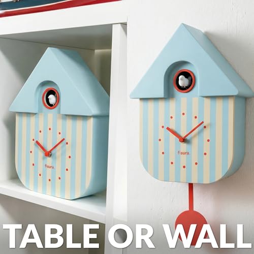Modern Cuckoo Wall Clock with Pendulum - Blue and Beige Striped