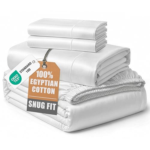 Lane Linen 100% Egyptian Cotton King Sheet Set - Silky Sateen 4-Piece, White