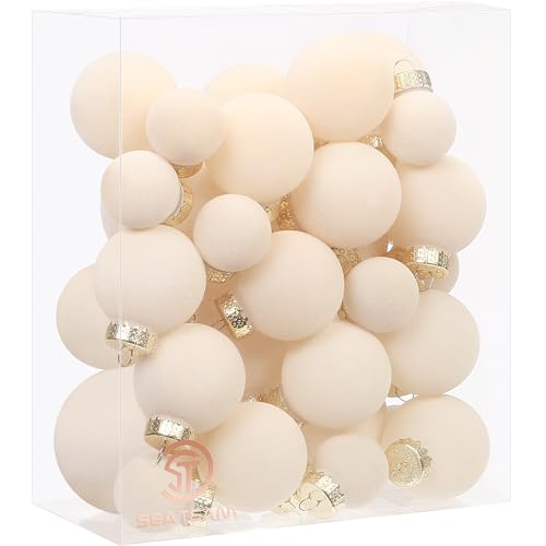 Sea Team Cream Flocked Velvet Christmas Ornaments 32-Pack - Holiday Decor