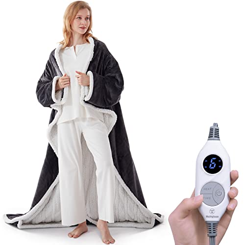 Wearable Heated Blanket with Foot Pocket – Electric Sherpa Throw 50x70