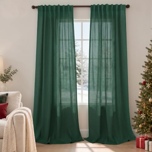Mrs.Naturall Emerald Green Linen Curtains 8FT, 52x96 Inches, Pack of 2