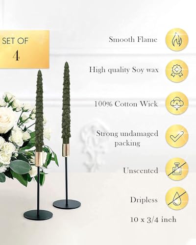 LPUSA Christmas Tree Taper Candles Olive Green 10in, Set of 4 - Unscented, Dripless
