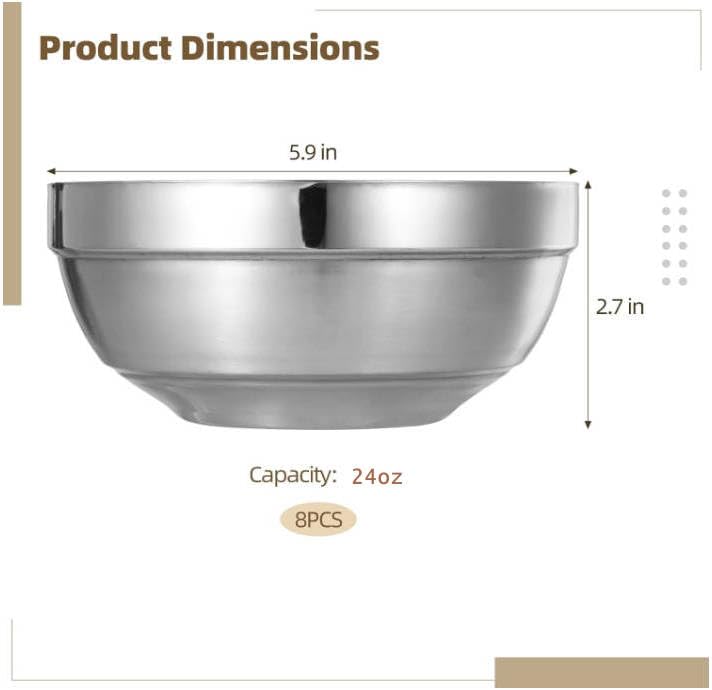 Epicover 8 PCS Insulated Stainless Steel Bowls, 24 oz Double Wall Soup Bowl, Cold & Heat Resistant Metal Mixing Bowls, Non-Slip Serving Bowl for Salad Cereal Desserts Fruits
