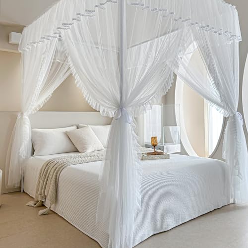 4 Corner Post Bed Canopy Curtain - Double Layer Ruffle Mosquito Net