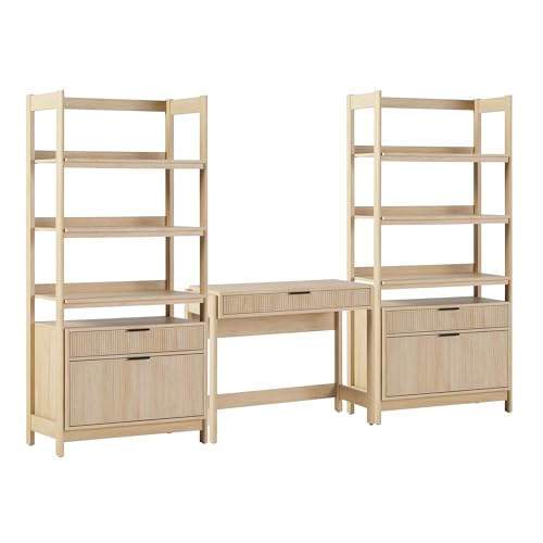 3-Piece Transitional Writing Desk and Bookcase Set in Coastal Oak