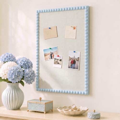 20x30 Inch Linen Bulletin Board with Decorative Bead Frame, Blue