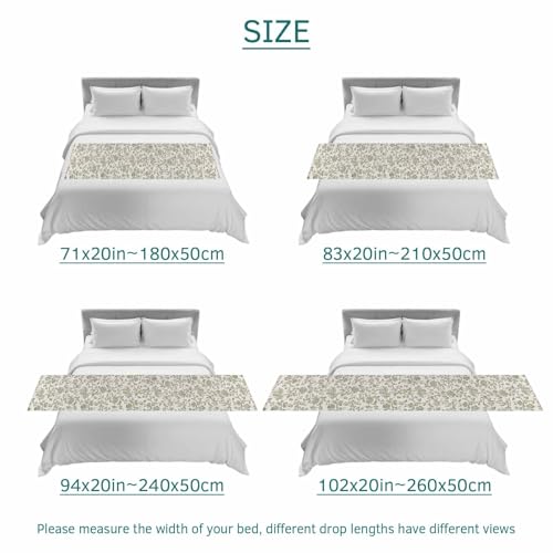 Sage Green Queen Bed Runner - Vintage Botanical Satin Bed Scarf (94"x20")