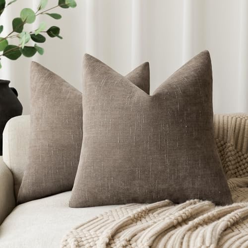Foindtower 20x20 Faux Linen Chenille Throw Pillow Covers - Set of 2, Taupe