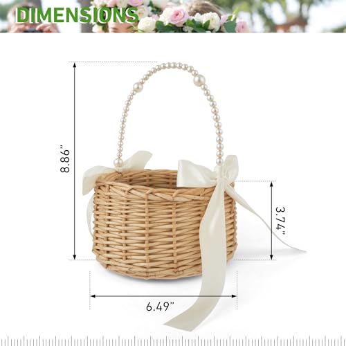 Hand-Woven Rattan Flower Girl Basket with Pearl Handle and Satin Bows