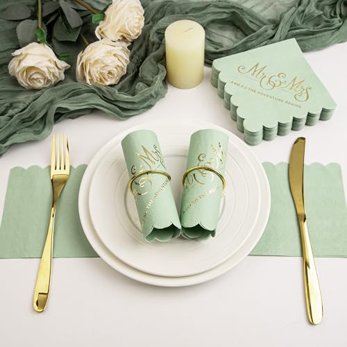 REFARICO Adventure-Green Scalloped Wedding Napkins 100 Pcs Gold Foil Mr and Mrs