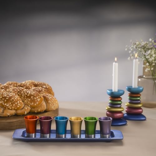 6-Piece Aluminum Kiddush Cup Set with Serving Tray, Multicolor