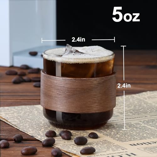 PARACITY 5 oz Espresso Shot Cups Set of 2 with Wooden Ring - Heat-Resistant Borosilicate Glass