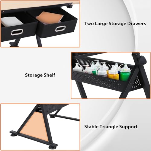 Adjustable Drafting Table with Stool and 2 Drawers, Tilting Art Desk