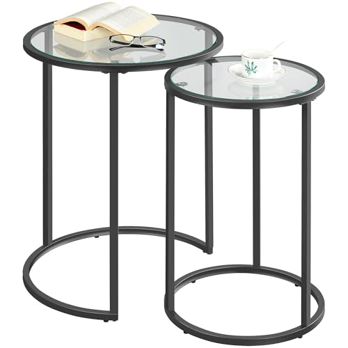 2-Piece Round Nesting Side Table Set with Tempered Glass Top