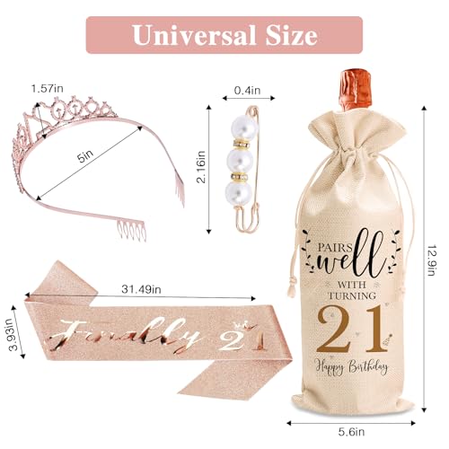 21st Birthday Gift Set for Women with Wine Glass, Tiara, Sash and Wine Bag