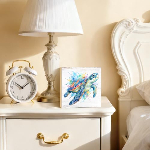 Colorful Sea Turtle Coastal Wood Block Plaque Box Sign - 5.9 x 5.9 inches, White