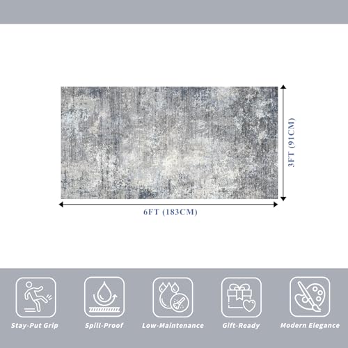 3x6 Washable Kitchen Runner Rug, Non-Slip Low-Pile Abstract Area Carpet