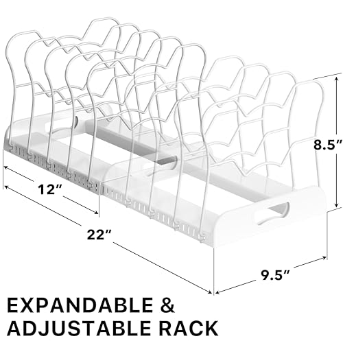 Simple Houseware Expandable Pan Organizer Rack, 10 Adjustable Compartments, White - Kitchen Cabinet Organizer for Pots, Pans, Lids & Bakeware - Pantry & Countertop Storage