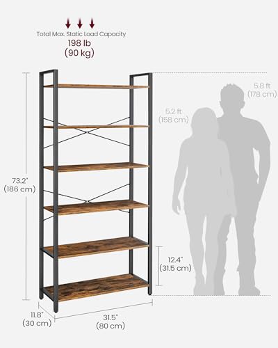 6-Tier Industrial Bookshelf with Steel Frame, Rustic Brown and Black