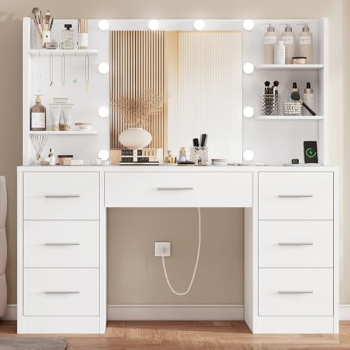 White Vanity Desk with LED Mirror, Charging Station and 7 Drawers
