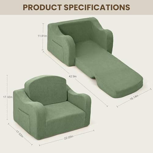 2-in-1 Fold Out Kids Sofa Chair, Washable Corduroy Foam Couch