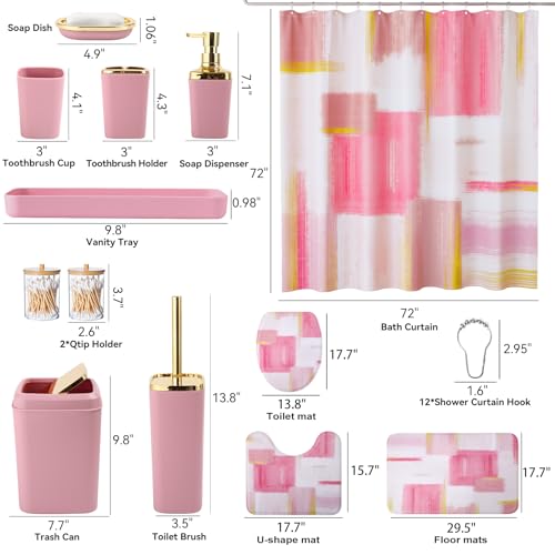 Complete Pink and Gold Bathroom Accessory Set with Shower Curtain and Rugs