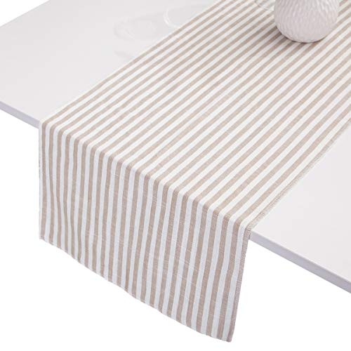 Rockcloud Khaki Striped Cotton Linen Table Runner 13x53 Inch - Rustic Home Decor