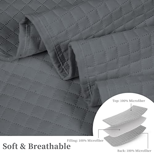Luxury Checkered Microfiber Quilt Bedspread - Full/Queen, Dark Grey