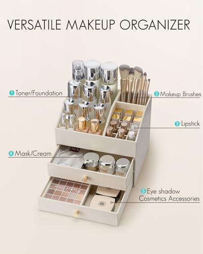 VLANDO Beige 3-Layer Makeup Organizer with 2 Large Drawers & Removable Lipstick Holder