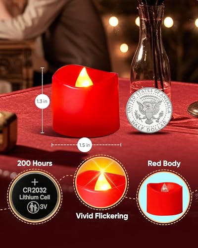 Raycare Red Battery Operated Flameless Tea Lights 12 Pack, 200+ Hour Flickering Candles