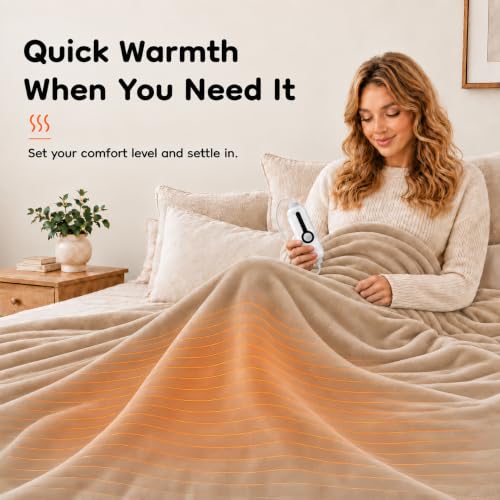 LaffyLo Twin Size Electric Heated Blanket 62x84 Light Brown Ultra Soft Flannel with 4 Heat Settings & Auto Shutoff