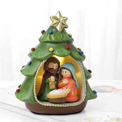 Resin Christmas Tree Nativity Scene Figurine - Holy Family Tabletop Decor
