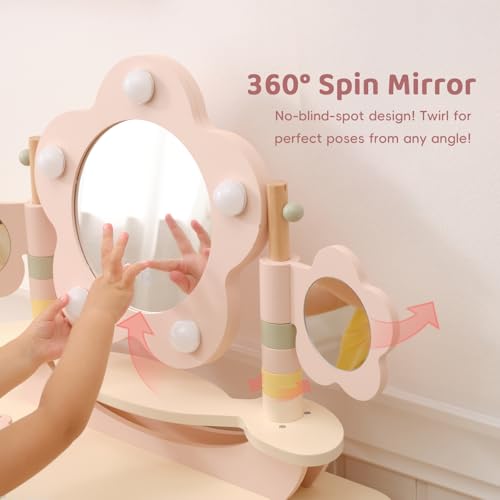 Kids Vanity Table and Chair Set with 3-Color LED Mirror and Accessories