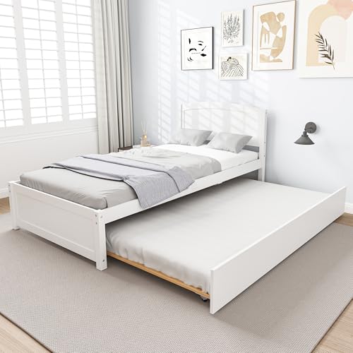 Twin Size Wooden Trundle Bed Frame with Pull-Out Bed - White
