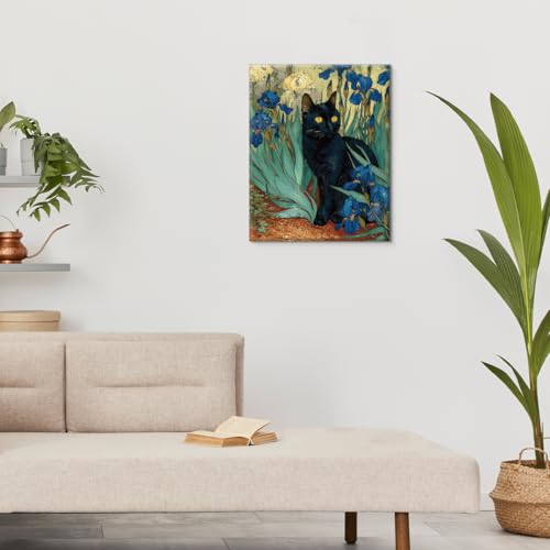 Suifad Oil-9 Vintage Floral Cat Wall Art 8x10 in Framed Canvas Print - Blue Flowers