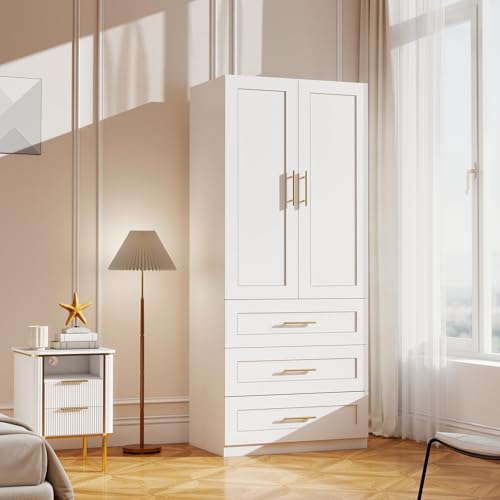Modern White Wardrobe Closet with 3 Drawers and Hanging Rail