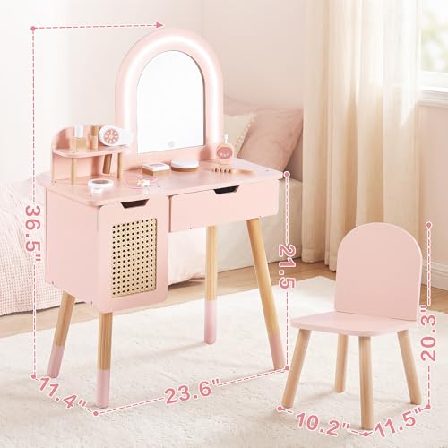 Kids Vanity Set with Lighted Mirror, Pink Toddler Makeup Table and Chair