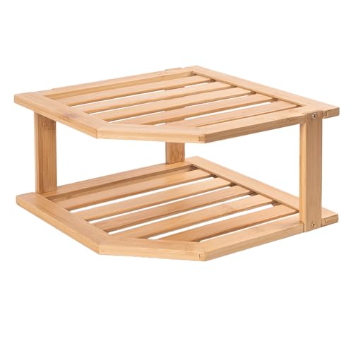 2-Tier Bamboo Corner Kitchen Shelf, Plate Organizer and Countertop Rack