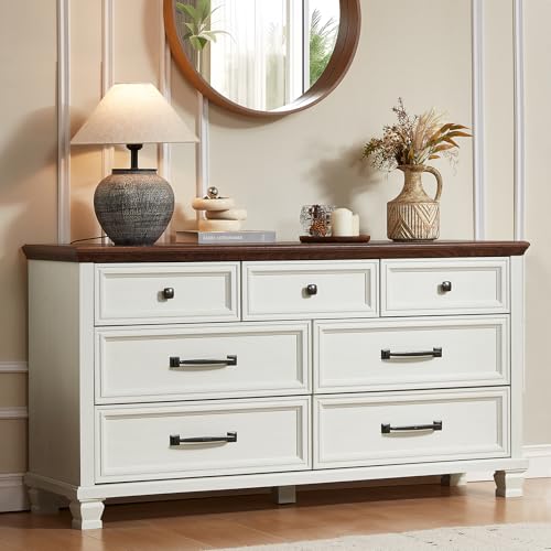 7-Drawer Farmhouse Dresser and Nightstand Set with Charging Station