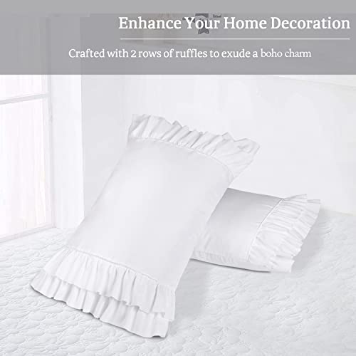 Set of 2 Farmhouse Ruffle Pillow Shams, Standard 20x26 White Boho Pillowcases